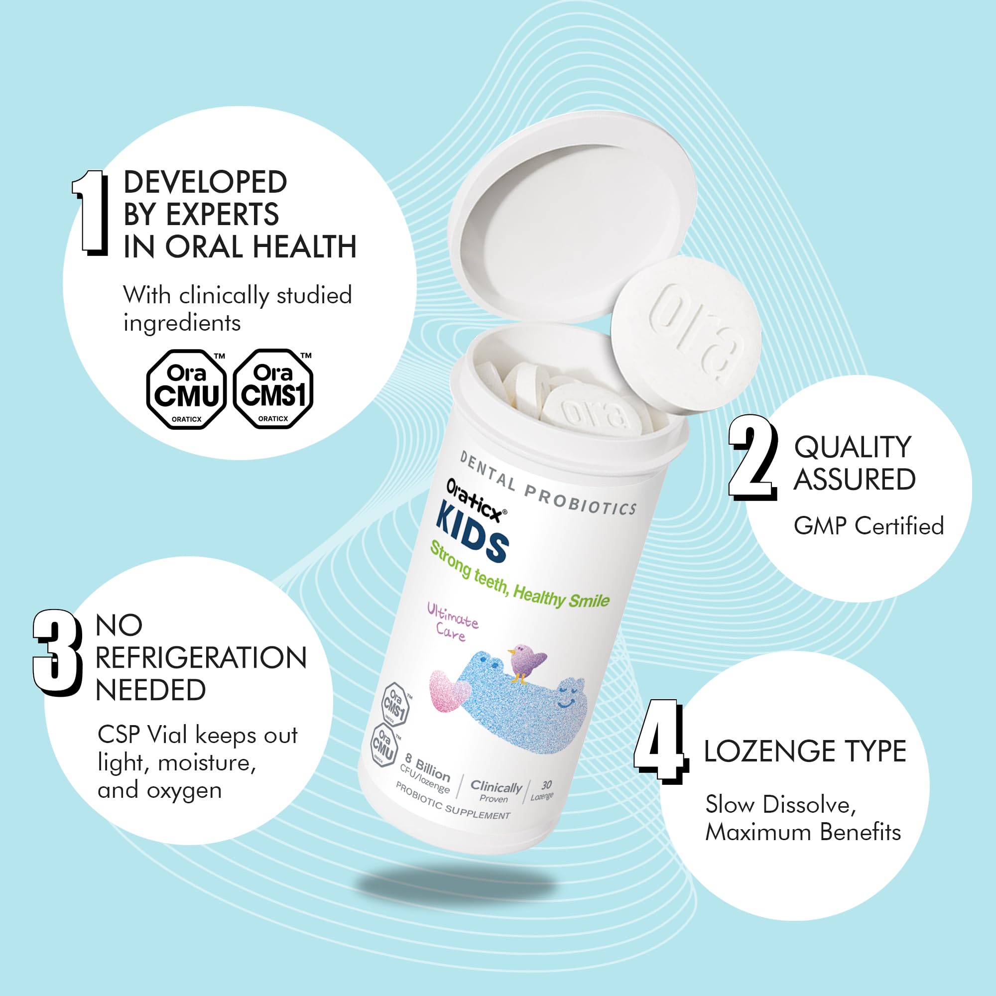 OraTicx Kids Probiotics supports teeth and gums for growing smiles