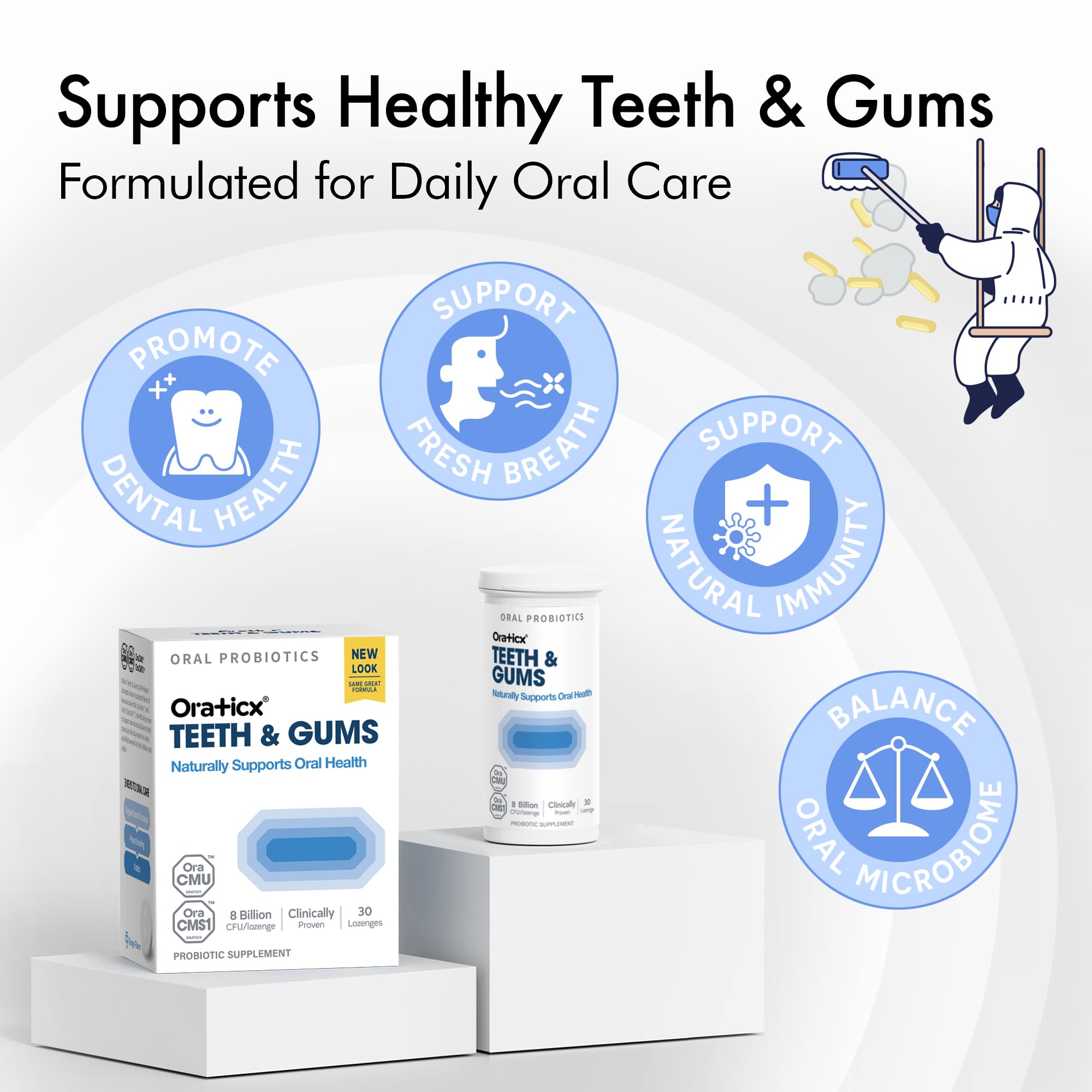 OraTicx oraCMU and oraCMS1 strains closeup for balanced oral bacteria.