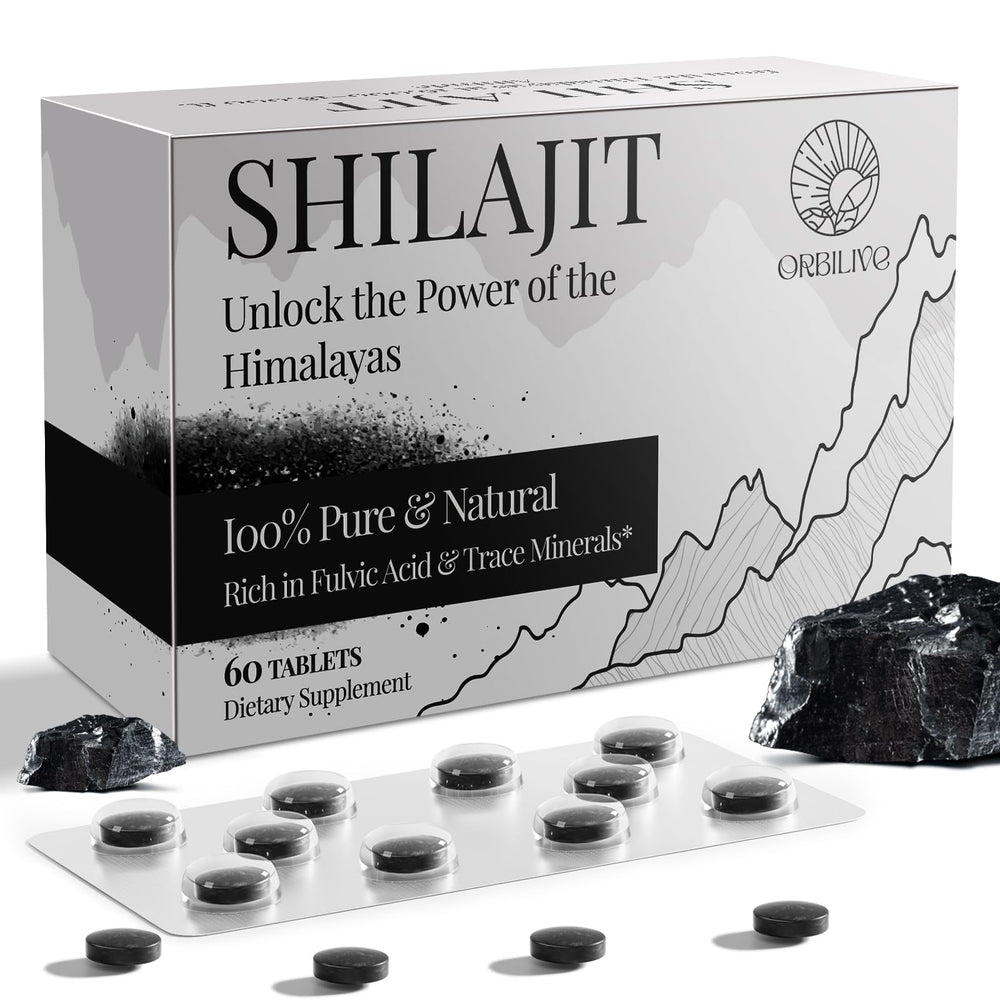 ORBILIVE Shilajit 30,000 mg tablets in bottle emphasizing daily energy support