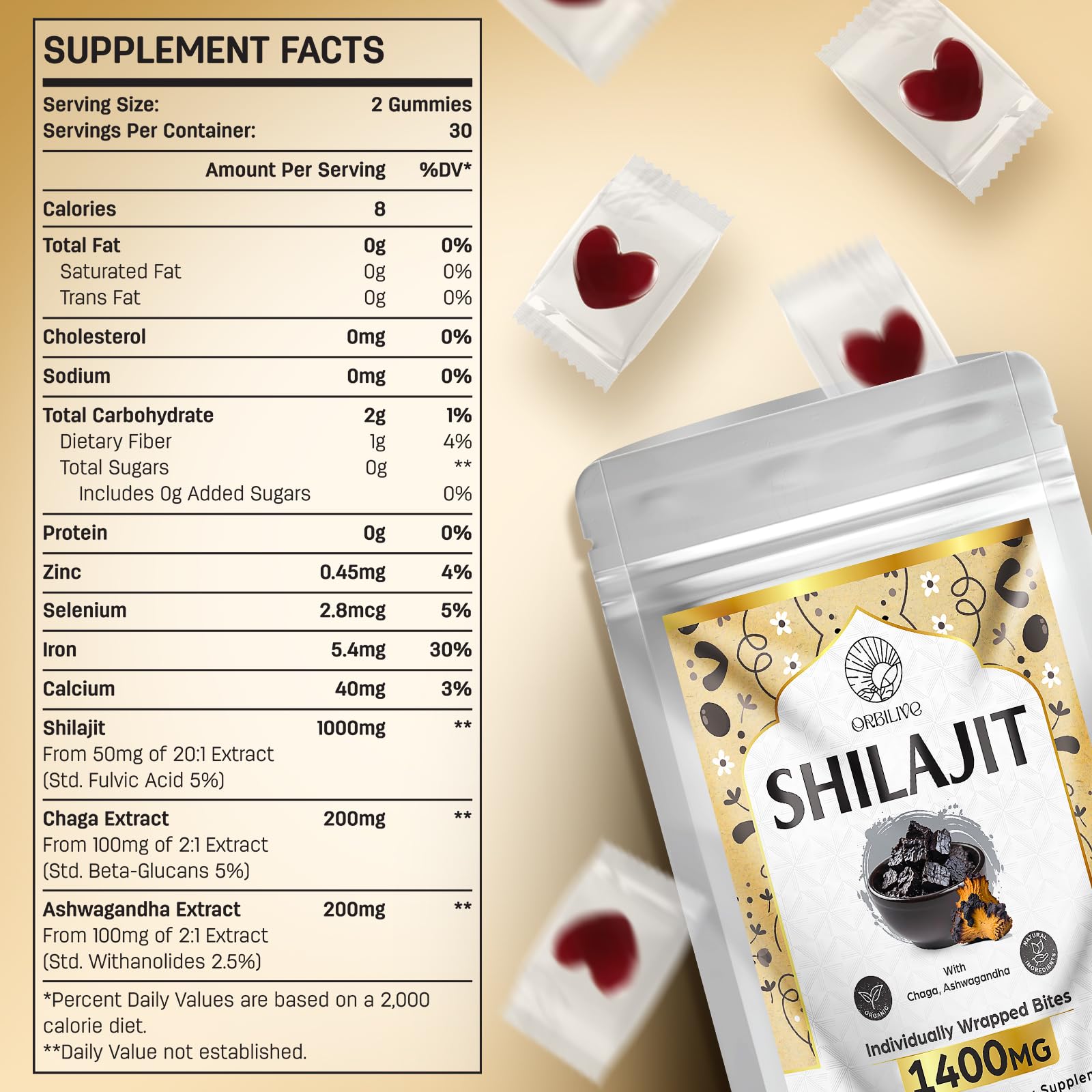 ORBILIVE Shilajit Gummies with Ashwagandha and Chaga visualizes herbal synergy.