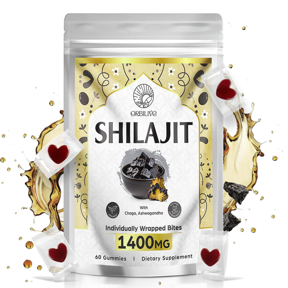ORBILIVE Shilajit Gummies bottle pour highlights travel friendly dose.