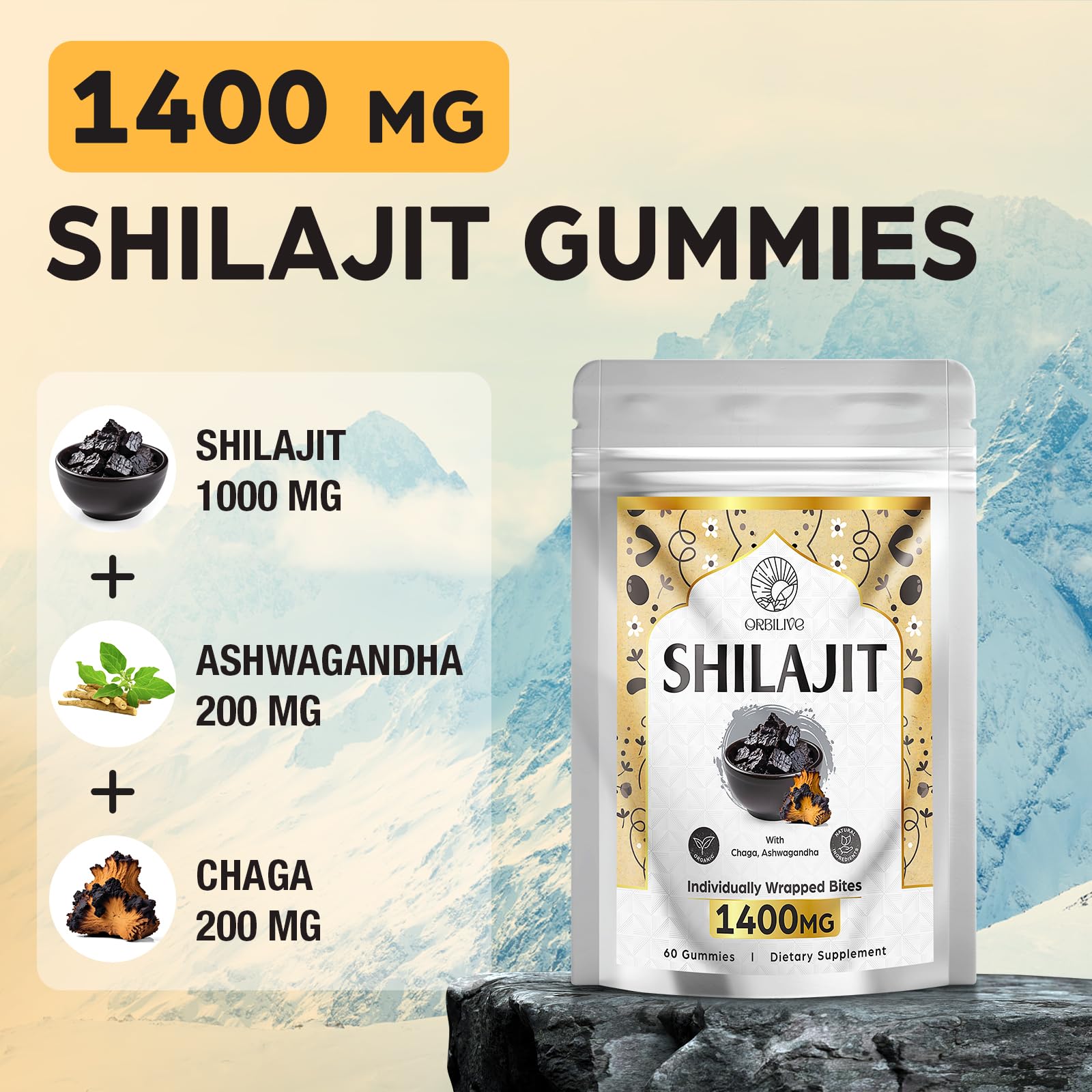 ORBILIVE Shilajit Gummies close up reveals gummy texture and color.