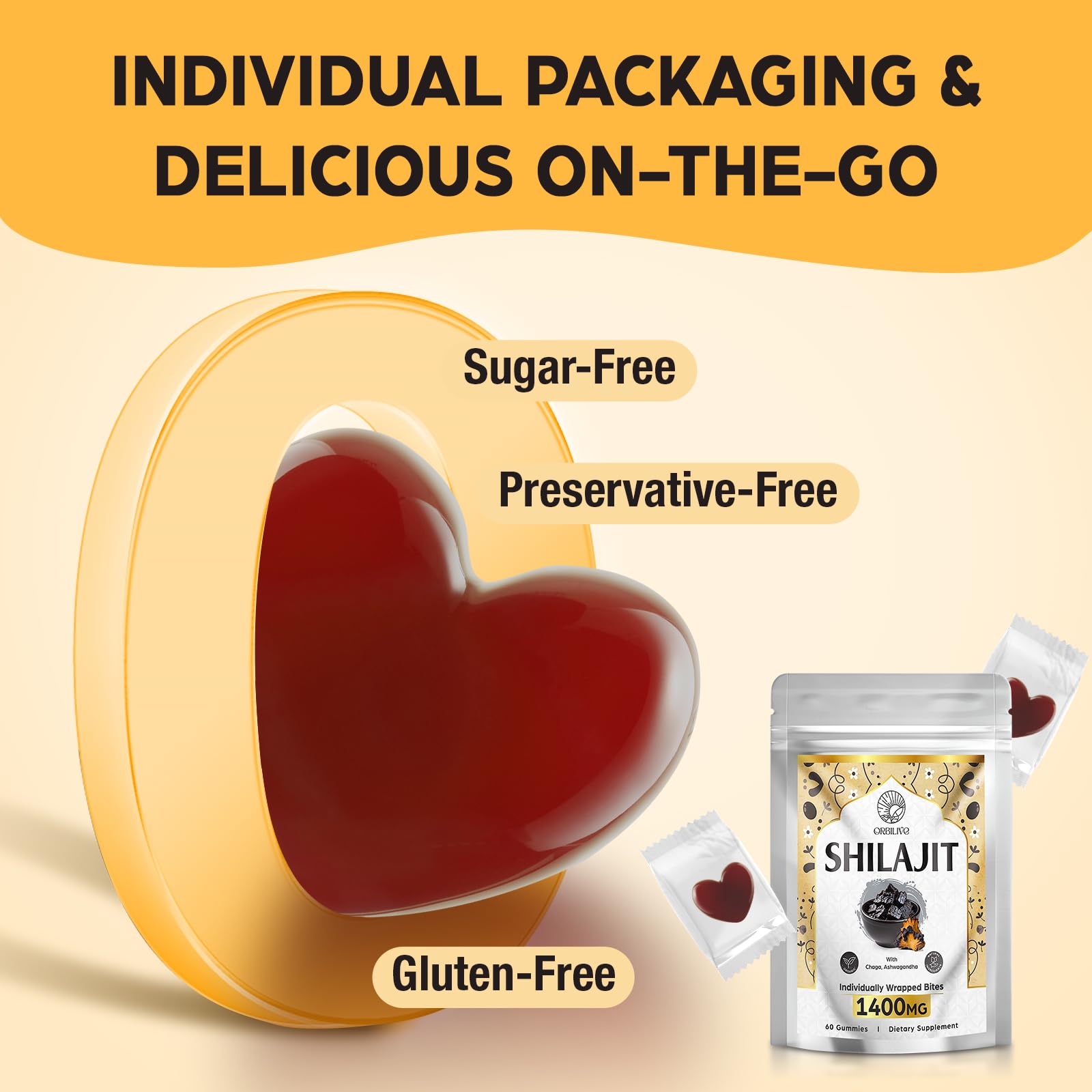 ORBILIVE Shilajit Gummies vegan and gluten free for inclusive wellness.