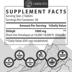 ORBILIVE Shilajit tablets highlighting Himalayan purity with fulvic acid and minerals for immune support