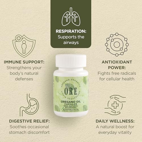 ORE oregano oil softgels capsules close view emphasizing easy swallow capsules