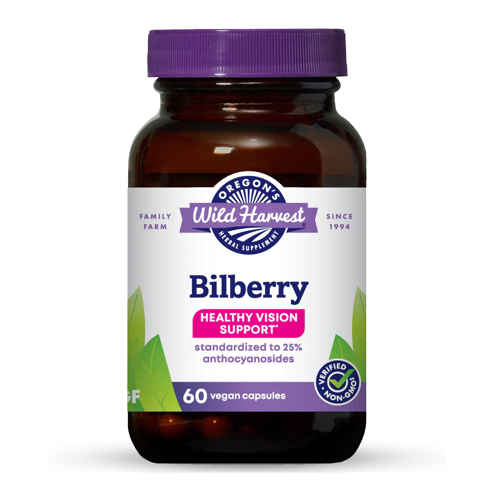 Oregon's Wild Harvest Bilberry capsules bottle front for convenient antioxidant support.