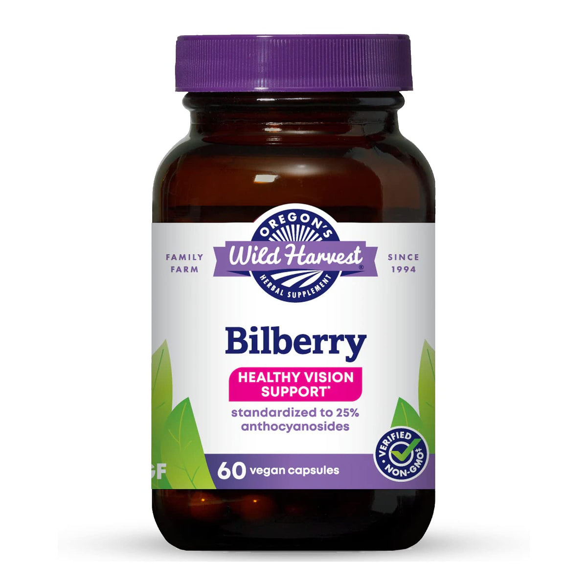 Oregon's Wild Harvest Bilberry capsules bottle front for convenient antioxidant support.