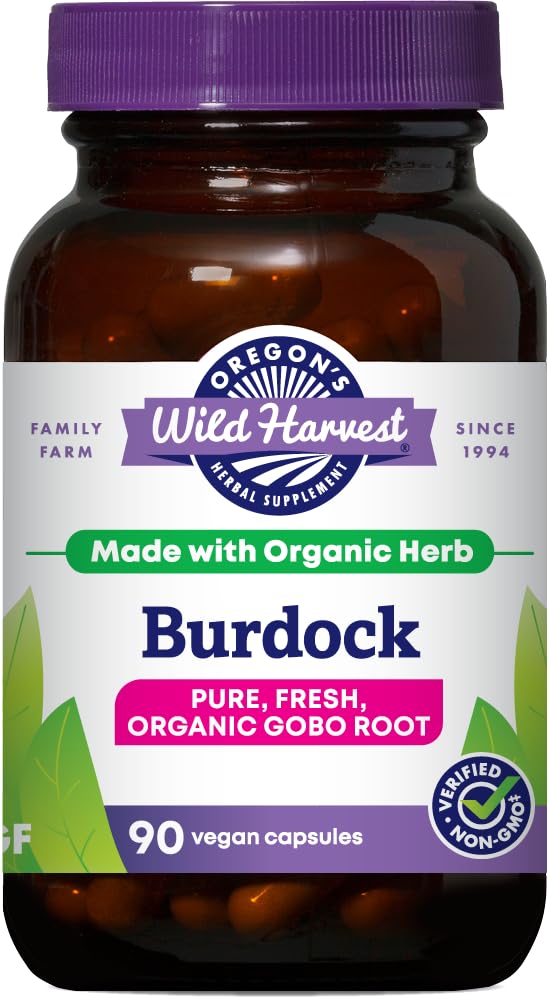 Oregon's Wild Harvest Burdock bottle with organic vegan capsules for daily use.