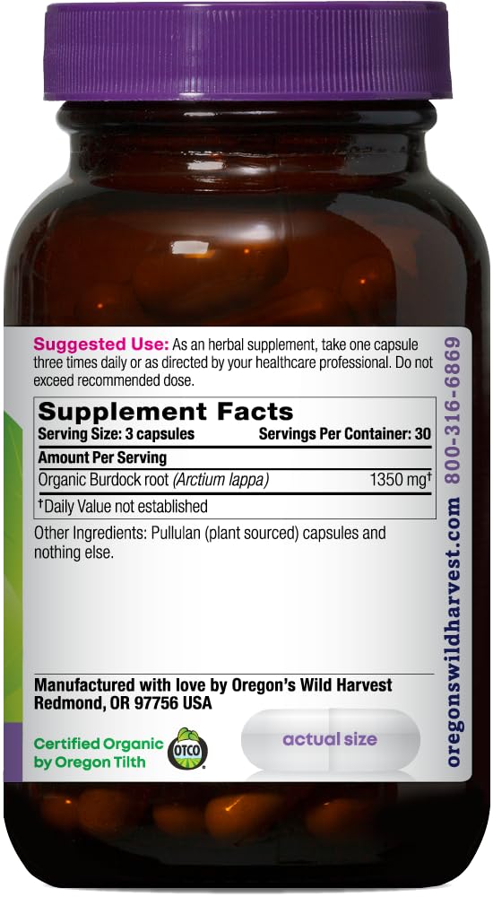 Oregon's Wild Harvest Burdock capsules, vegan and gluten-free for everyday wellness.