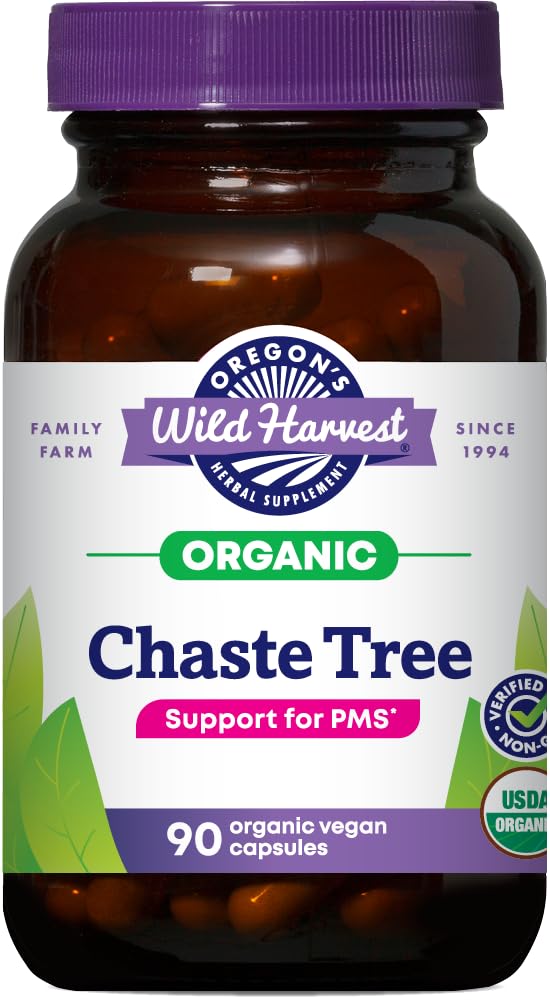 Oregon's Wild Harvest chaste tree capsules bottle on counter may support hormonal balance