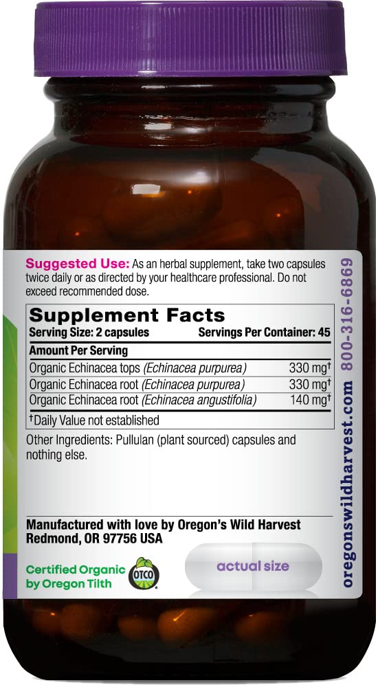 Oregon's Wild Harvest Echinacea capsules pour demonstrates easy daily dosage and plant-based ingredients.