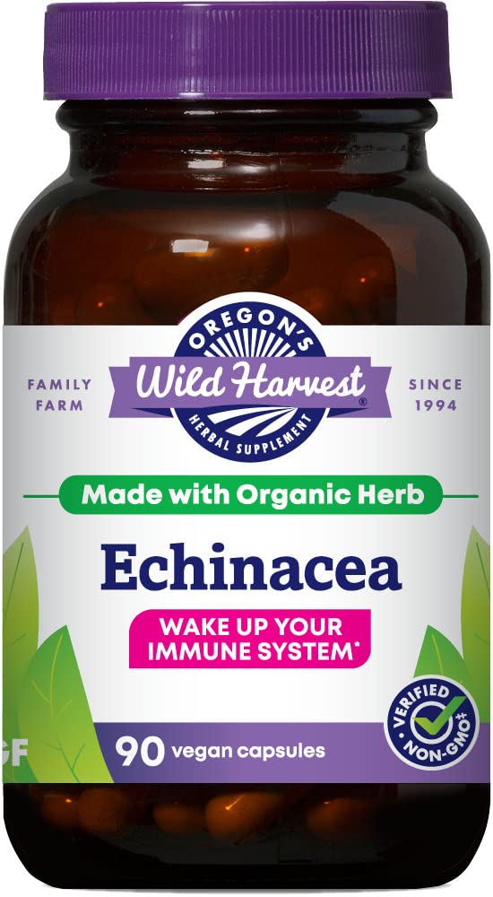 Oregon's Wild Harvest Echinacea organic bottle shows potency and vegan capsules for everyday immune support.