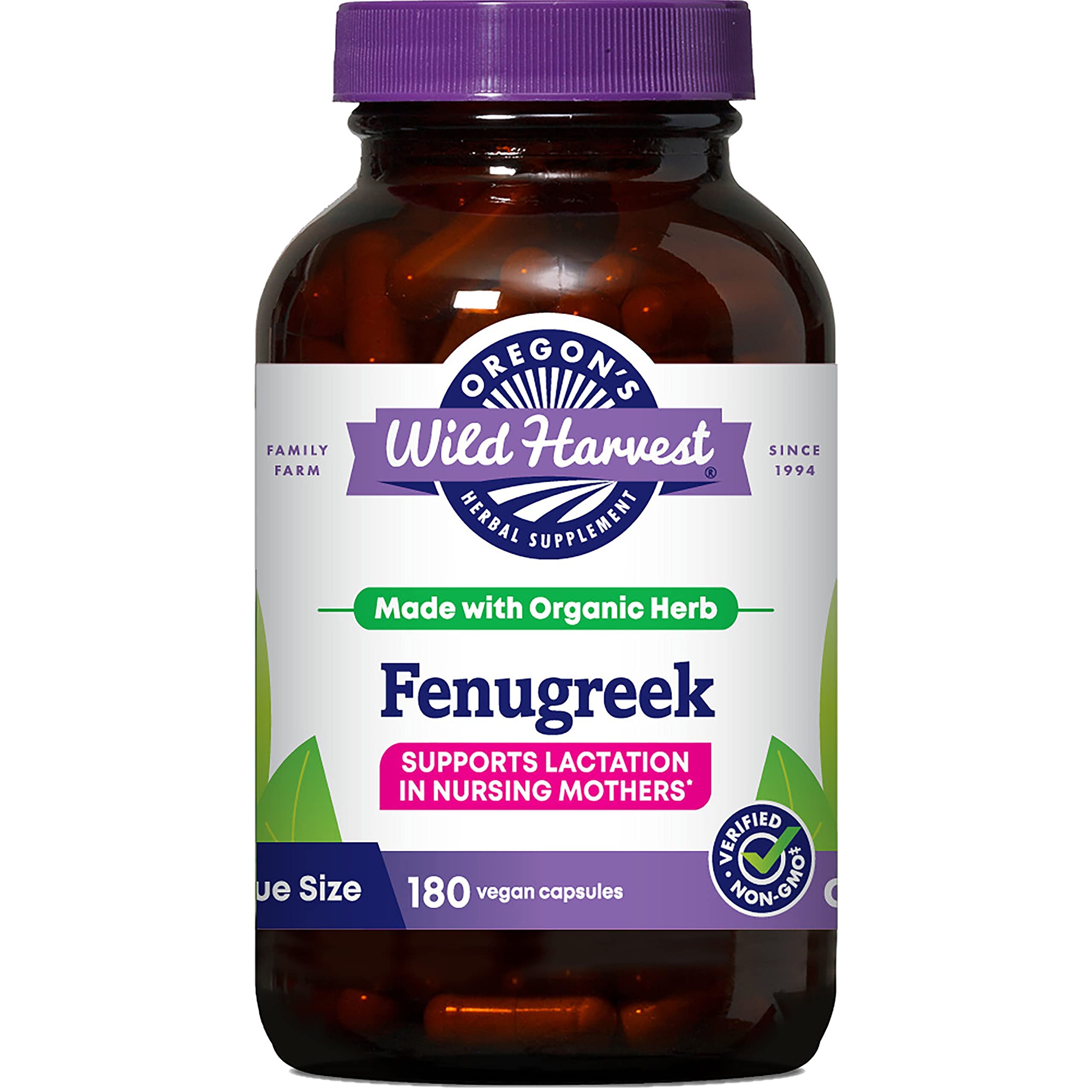 Oregon's Wild Harvest fenugreek capsules bottle showing lactation support potential