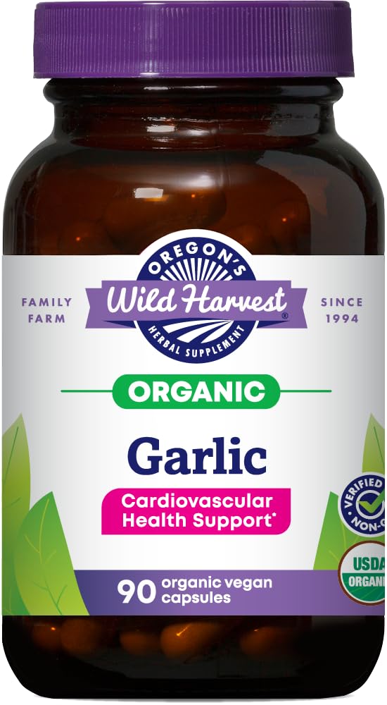 Oregon's Wild Harvest garlic capsules bottle front for daily organic support.