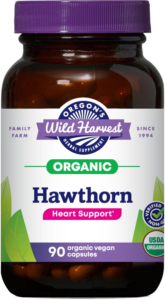 Oregon's Wild Harvest hawthorn capsules bottle displaying convenient daily wellness support.