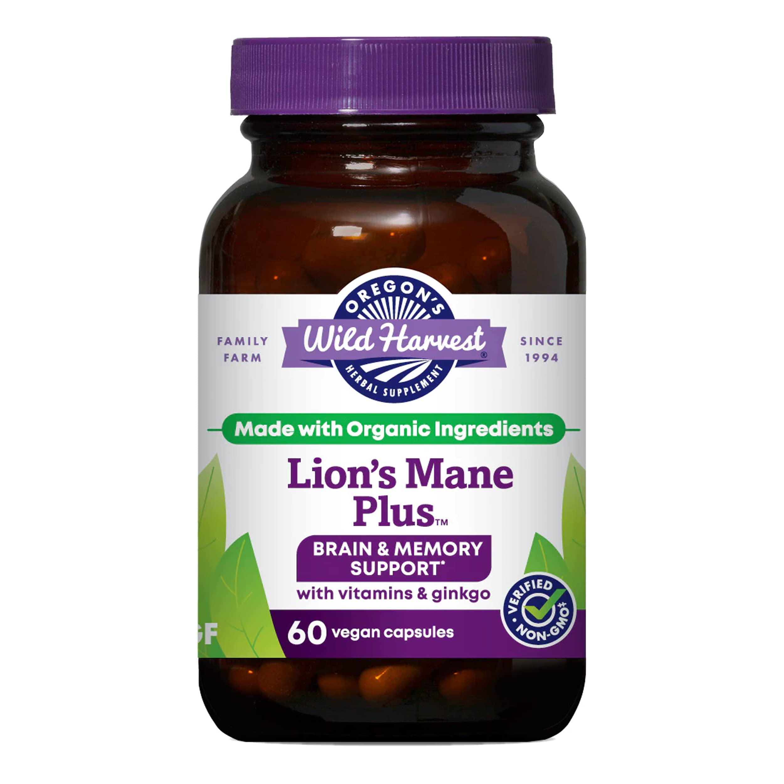 Oregon's Wild Harvest Lion's Mane Plus bottle front, highlighting organic brain support blend.