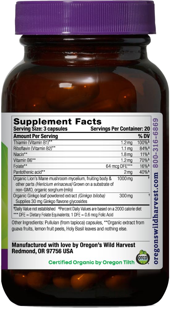 Oregon's Wild Harvest Lion's Mane Plus capsules, vegan and non-GMO for daily cognitive health.