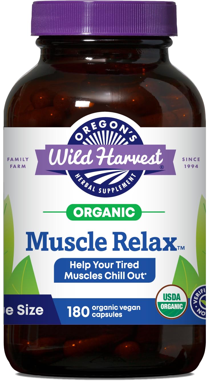 Oregon's Wild Harvest Muscle Relax bottle close-up showing vegan capsules for calm