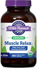 Oregon's Wild Harvest Muscle Relax bottle close-up showing vegan capsules for calm