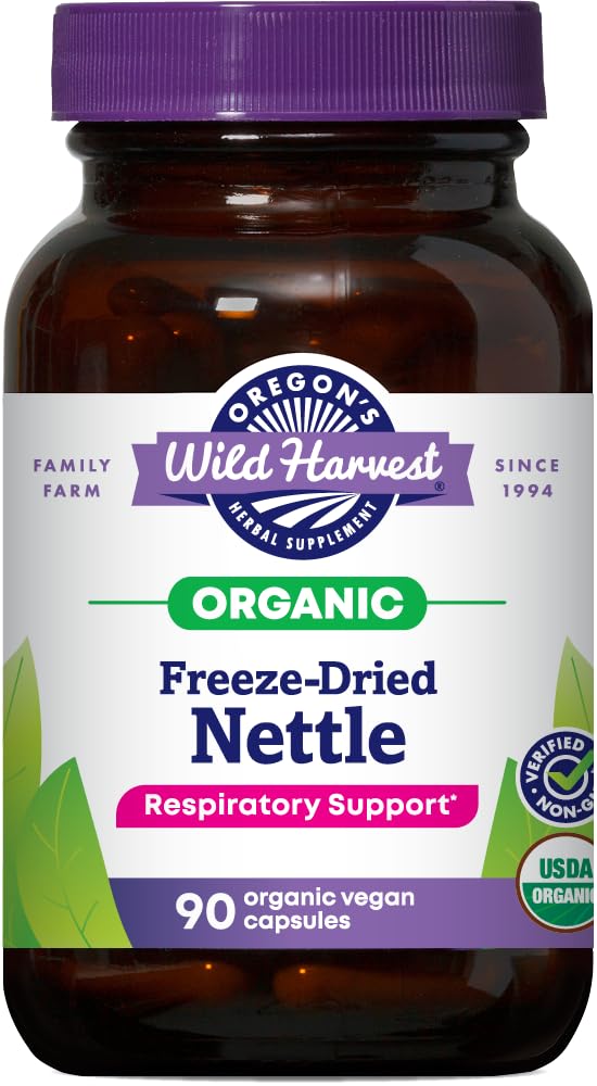 Oregon's Wild Harvest nettle capsules bottle with 600 mg for allergy support.