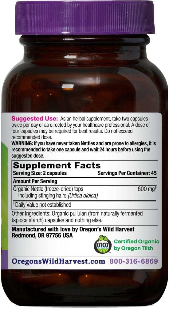 Close-up of Oregon's Wild Harvest nettle capsules label highlighting organic certification.