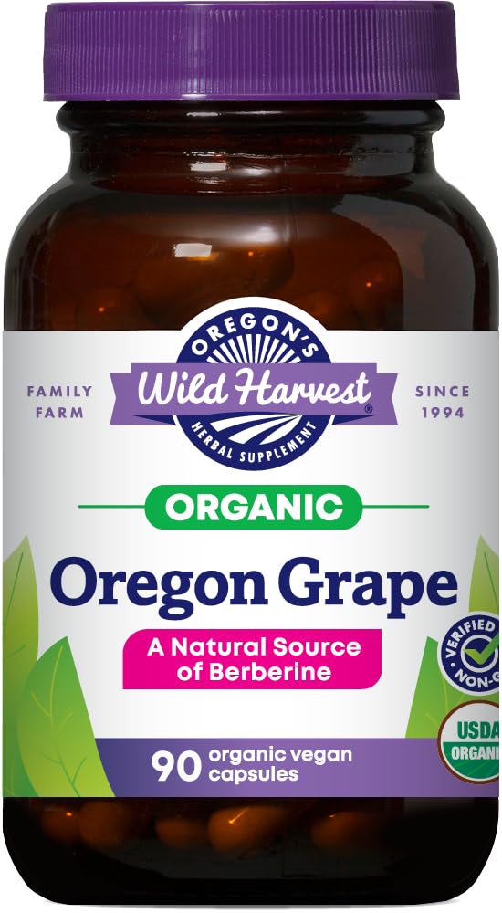 Oregon's Wild Harvest Oregon Grape bottle with an organic, non-GMO formula for daily supplementation
