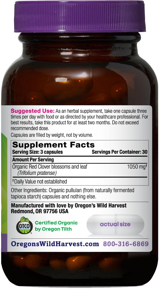 Oregon's Wild Harvest organic red clover flowering tops milled fresh for potency.