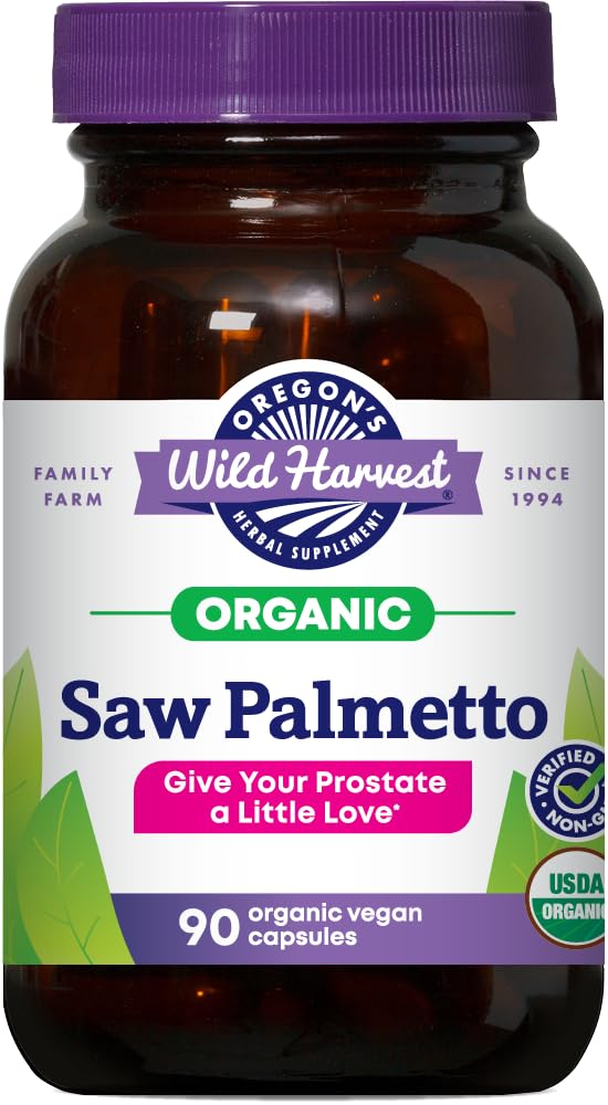 Oregon's Wild Harvest Saw Palmetto Pygeum bottle—vegan capsules for daily herbal support.