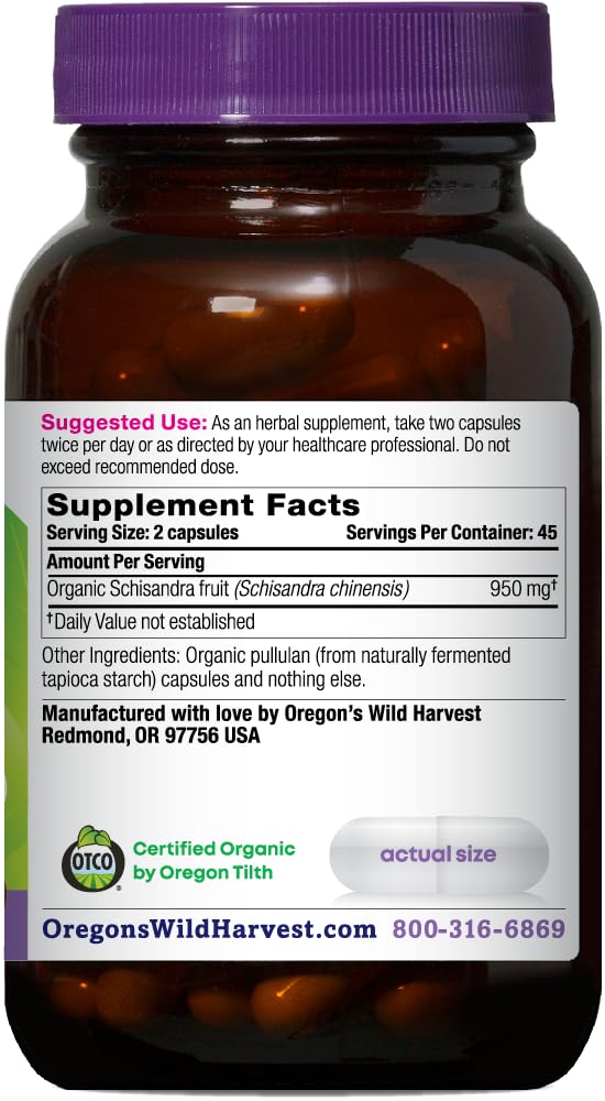 Oregon's Wild Harvest Schisandra organic bottle label closeup highlighting quality.