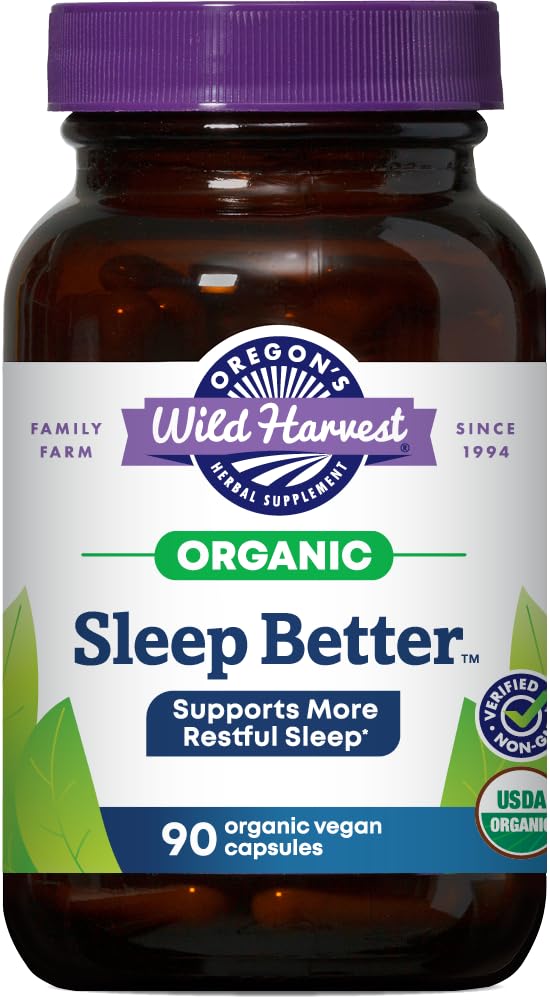 Oregon's Wild Harvest Sleep Better Capsules bottle front, supports a simple nightly routine.