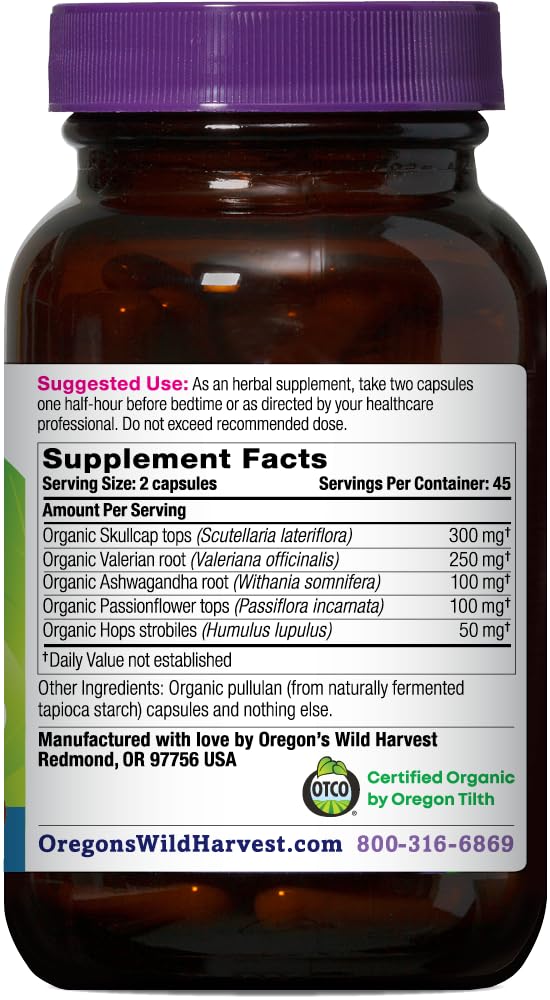 Oregon's Wild Harvest Sleep Better Capsules capsules close-up highlighting organic herbs for calmer evenings.