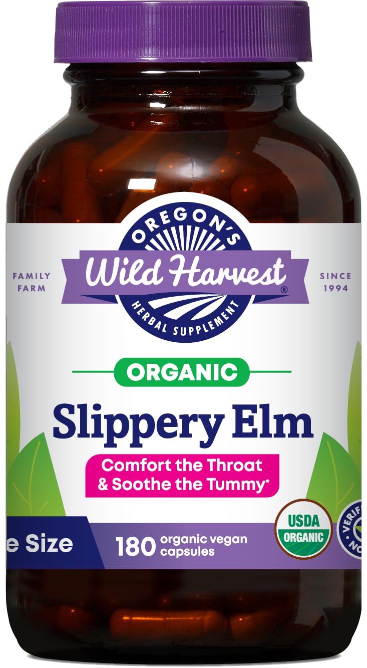 Oregon's Wild Harvest Slippery Elm bottle with vegan capsules for throat comfort