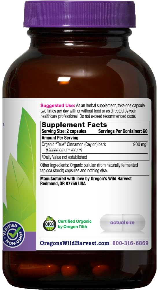 Close-up of Oregon's Wild Harvest True Cinnamon Ceylon capsules for easy vegan dosing