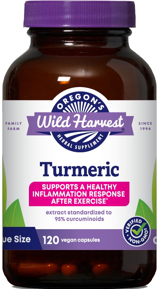 Oregon's Wild Harvest turmeric bottle label highlighting organic turmeric and curcuminoids.