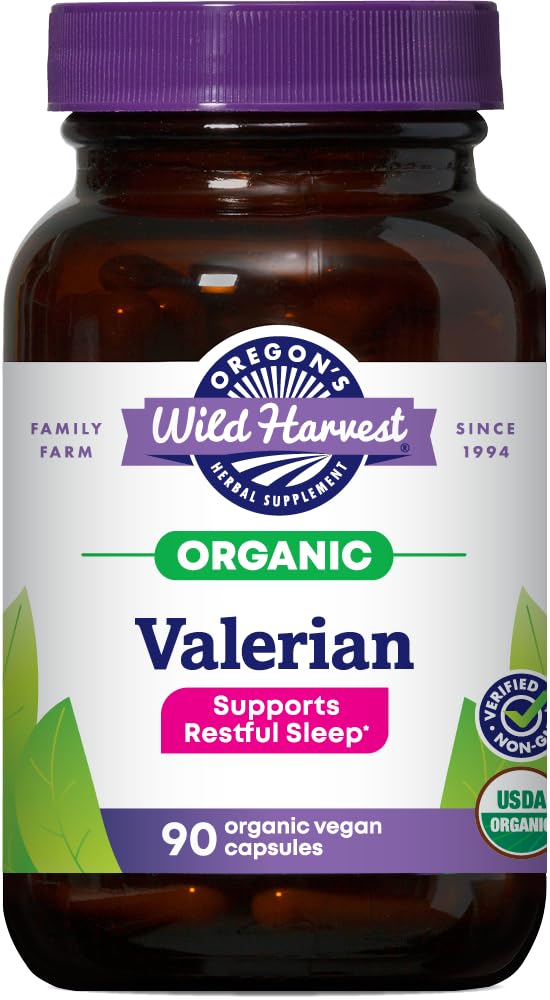 Oregon's Wild Harvest valerian bottle front, highlighting organic sleep support.