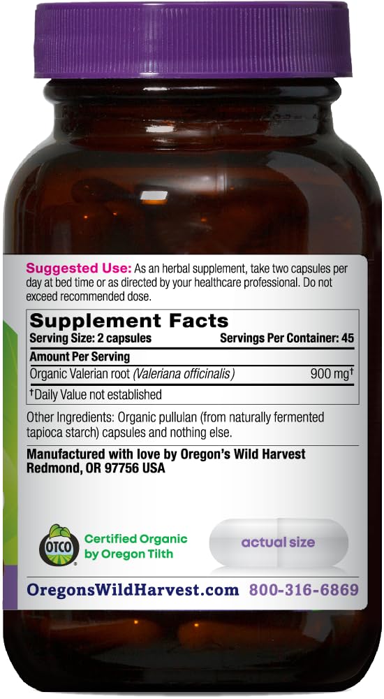 Oregon's Wild Harvest valerian capsules close-up for convenient nightly aid.