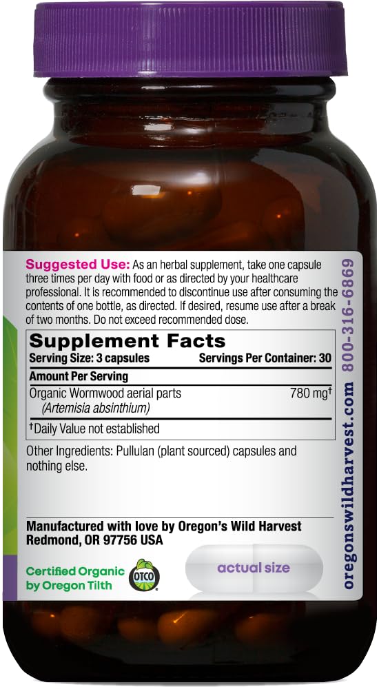 Oregon's Wild Harvest Wormwood capsules close-up highlighting vegan formula