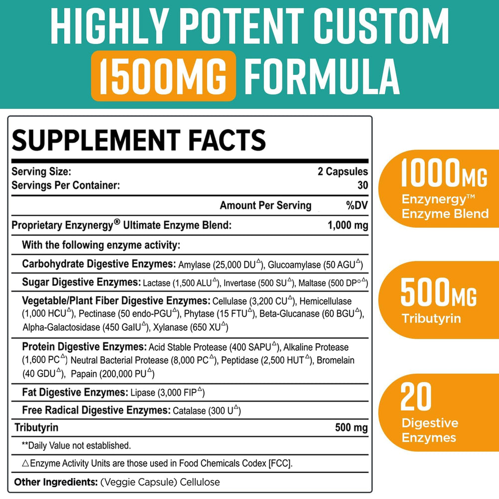 Orgabay Digestive Enzymes label close-up shows the 20-enzyme blend and postbiotic formula.