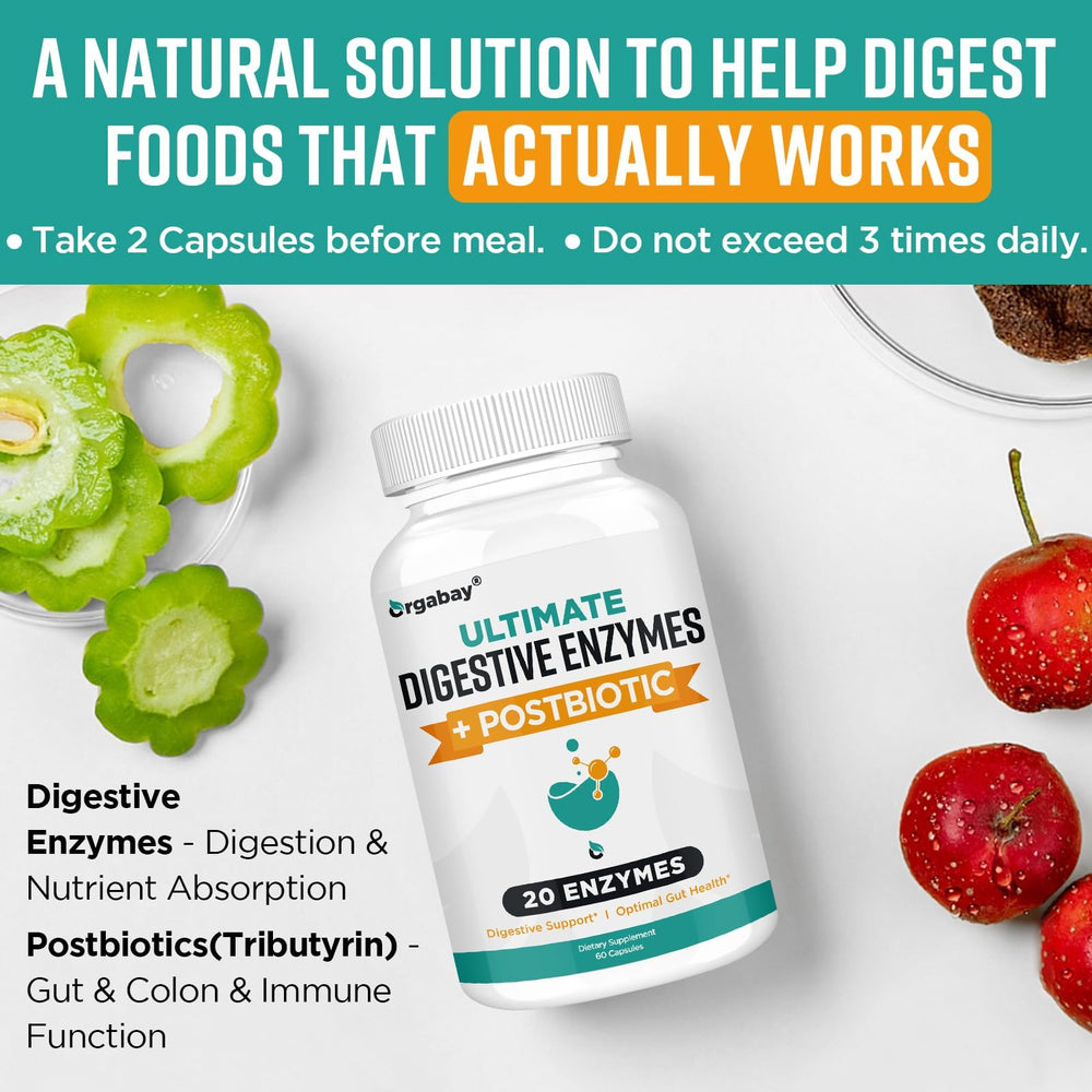 Orgabay Digestive Enzymes shown with a meal prep setup for convenient use.
