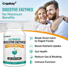 Orgabay Digestive Enzymes and Tributyrin postbiotic graphic highlighting gut balance potential.