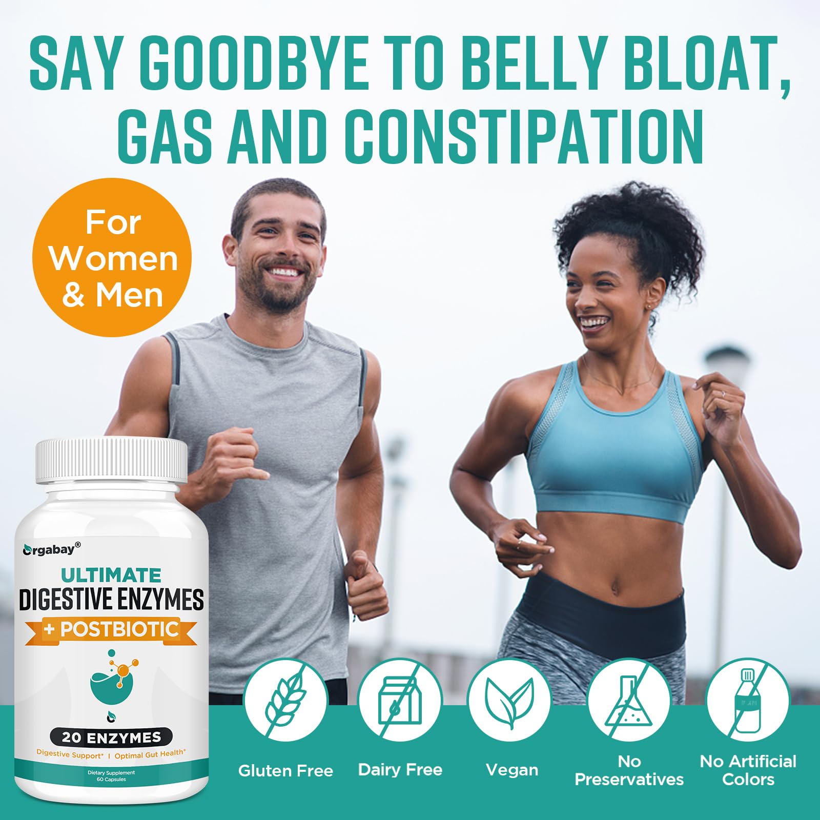 Orgabay Digestive Enzymes vegan formula badge demonstrates plant-based ingredients.