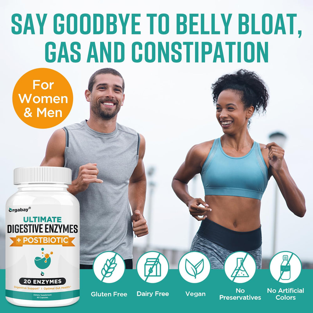 Orgabay Digestive Enzymes vegan formula badge demonstrates plant-based ingredients.