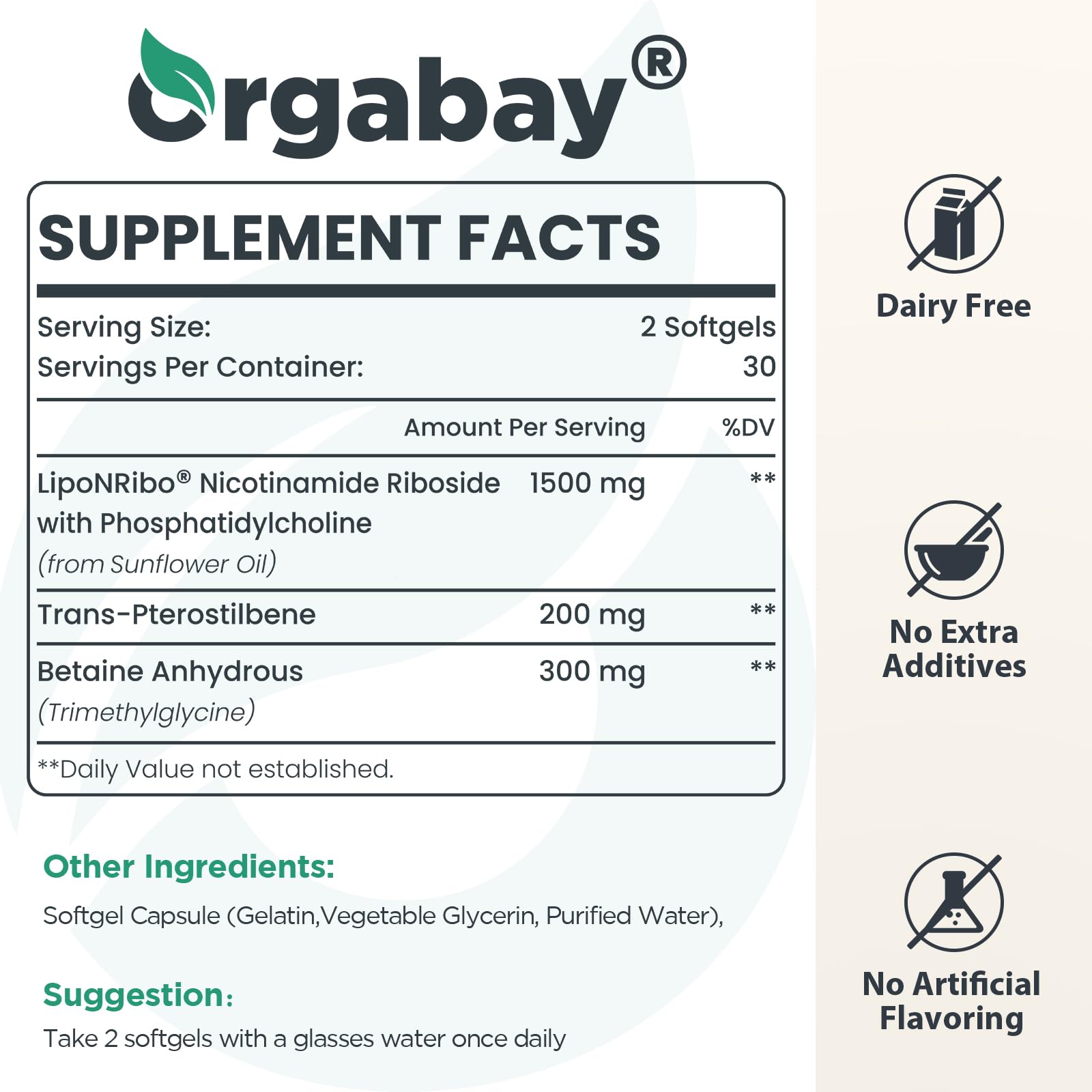 Orgabay Liposomal NAD+ softgel close-up highlights the 500 mg dose.