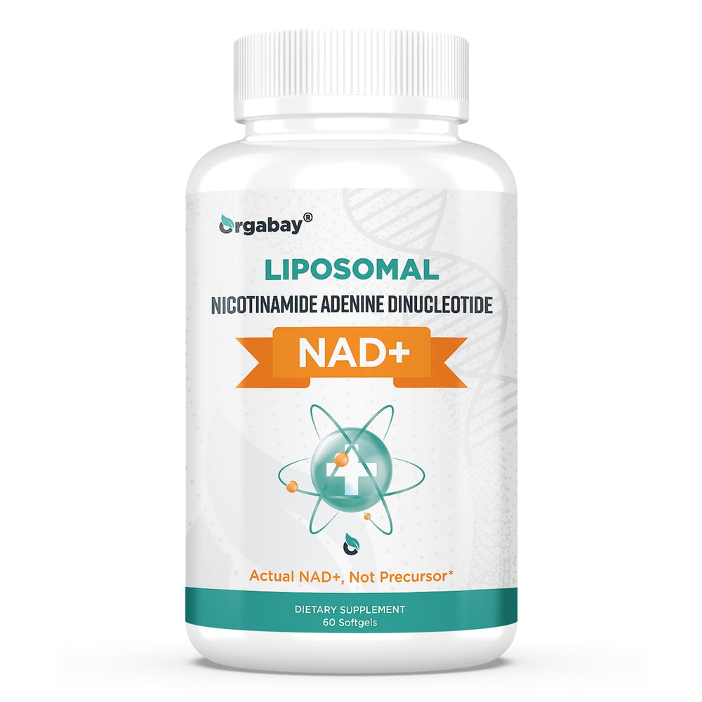 Orgabay Liposomal NAD+ bottle front illustrating premium packaging for energy support