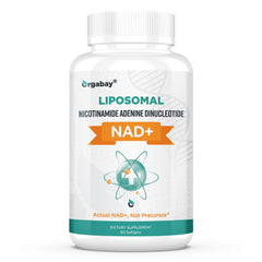 Orgabay Liposomal NAD+ bottle front illustrating premium packaging for energy support