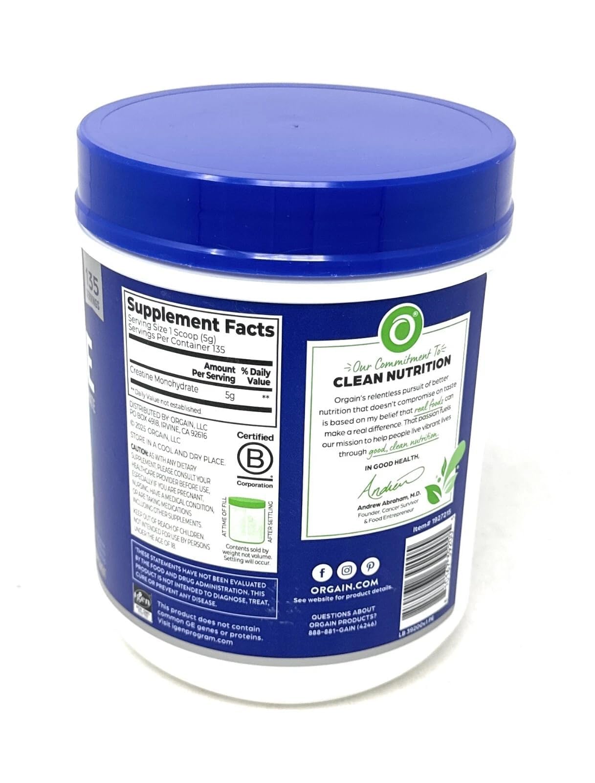 Orgain micronized creatine powder dissolves smoothly in water.