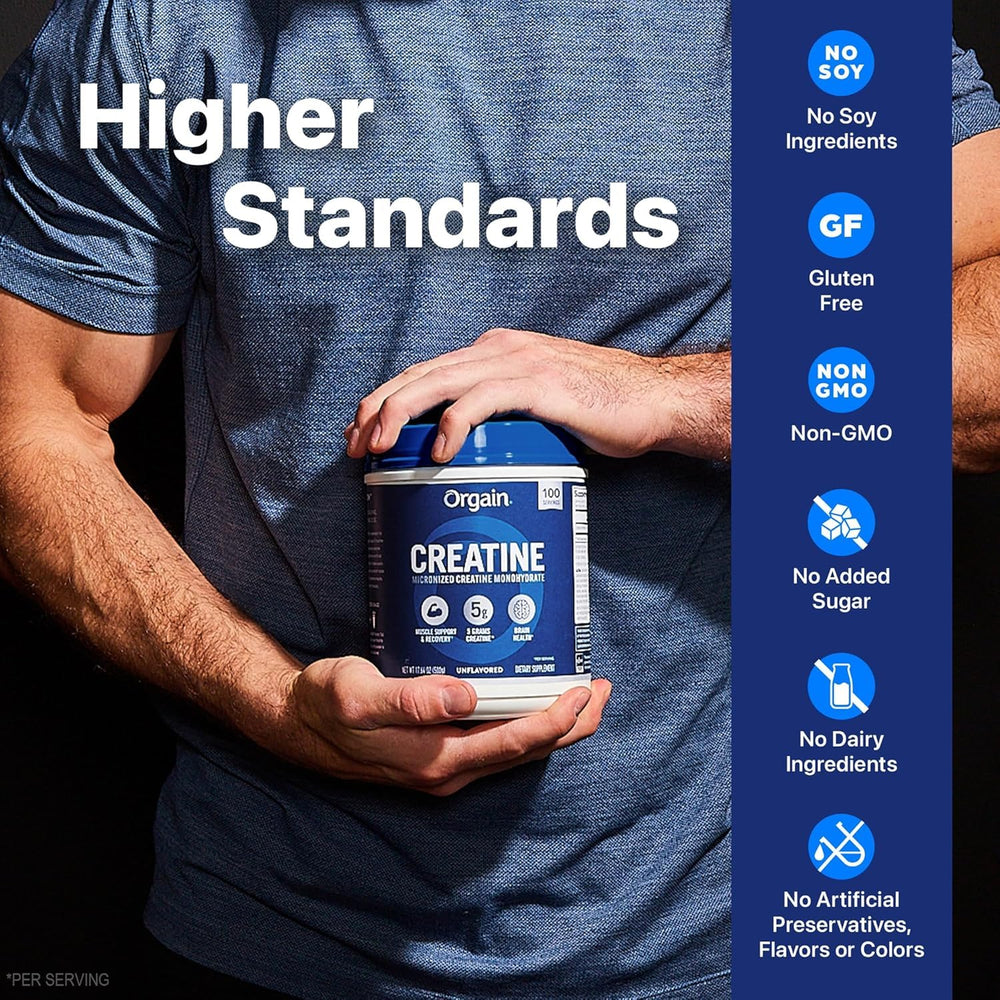 Orgain product label emphasizes 5g per serving and safety testing.
