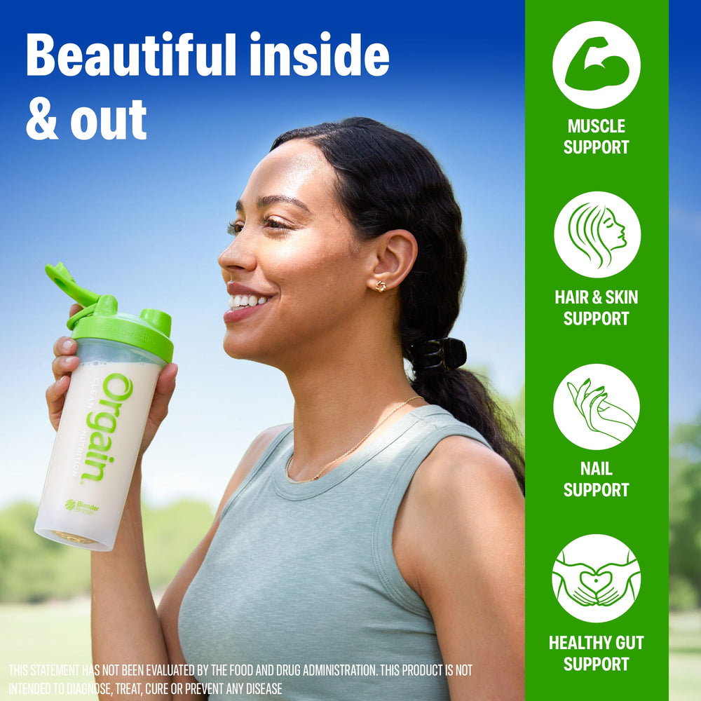 Orgain gluten-free label on tub highlights dairy-free and soy-free options.