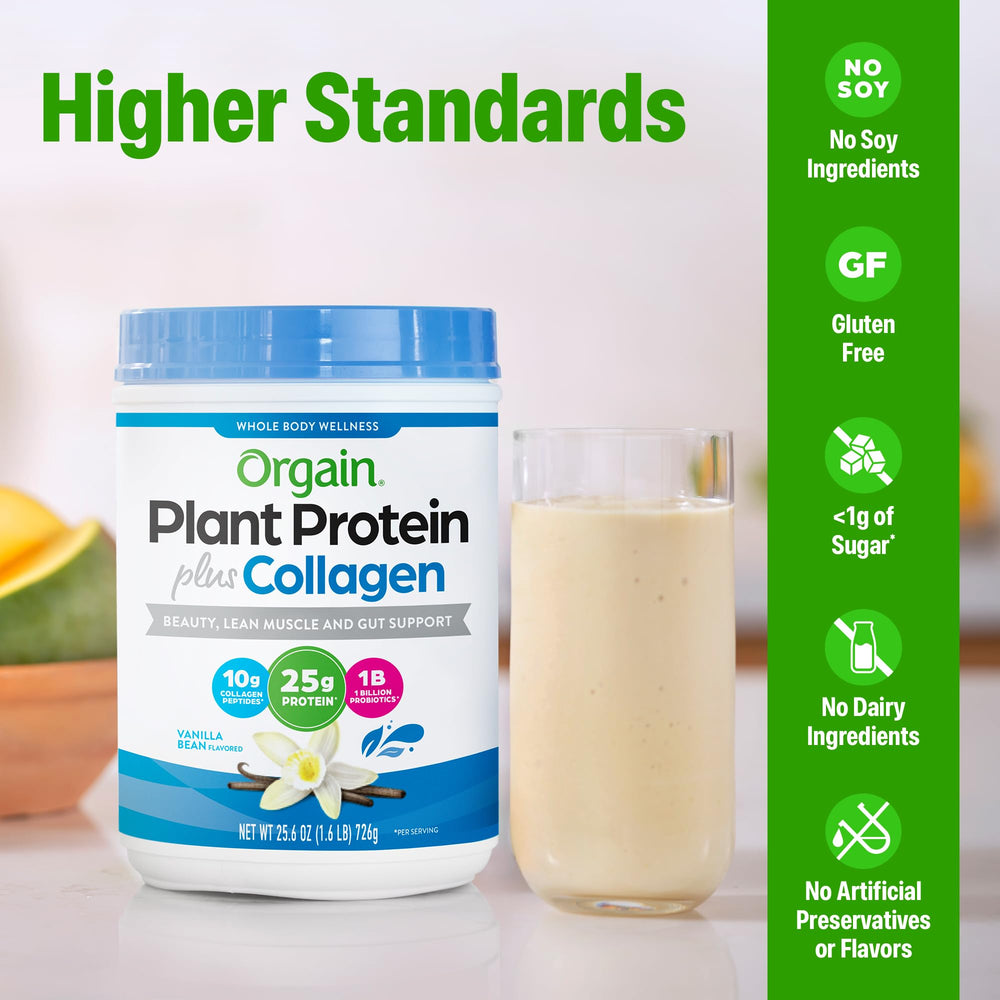 Orgain scoop beside powder suggests quick shakes after workouts.