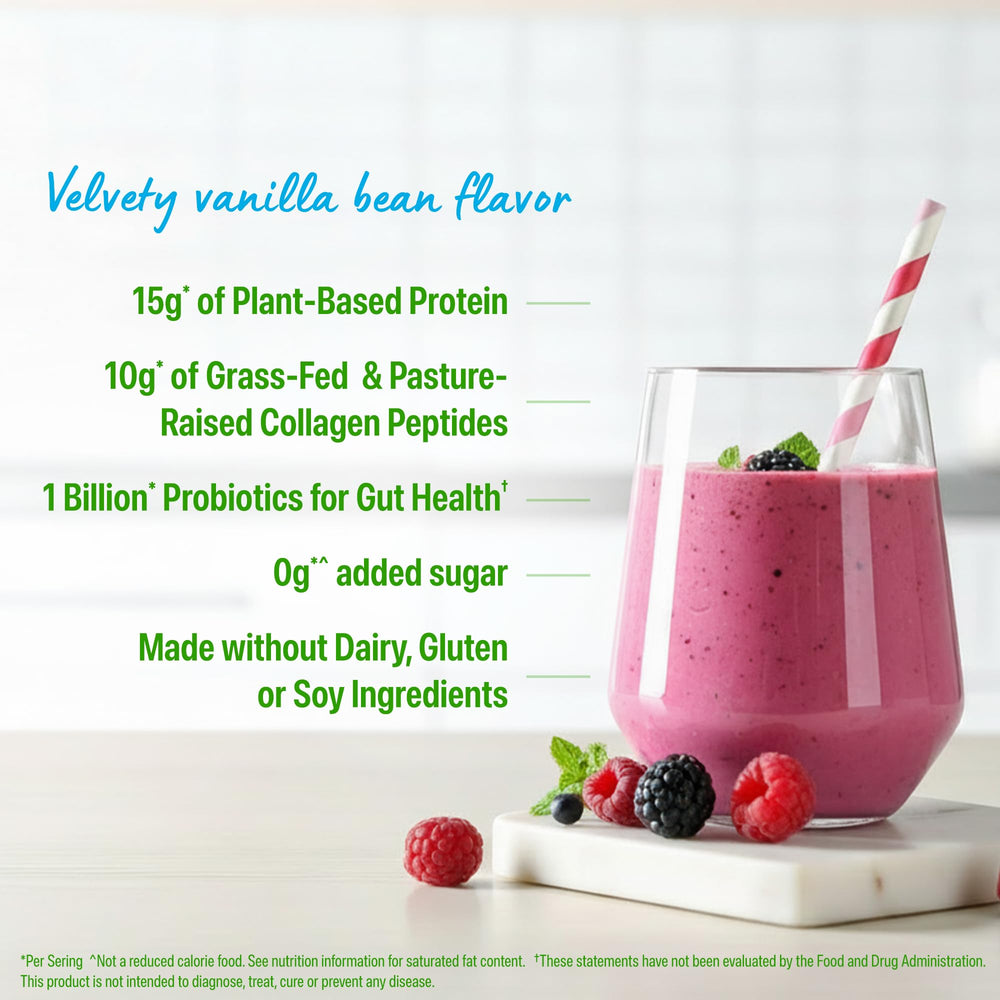 Orgain vanilla bean shake in a glass shows creamy texture.